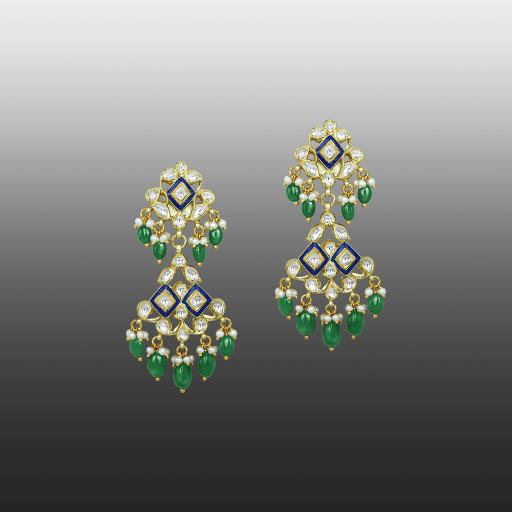 Blue Enamel Polki Earrings with Emerald Maniyas and Pearl Clusters